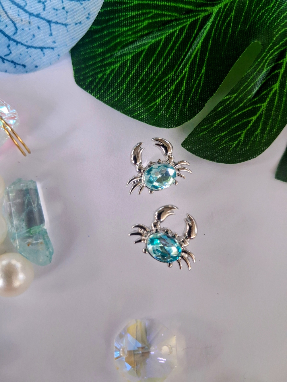 Silver Crab Earrings with Aqua Blue Crystal - Women's Jewelry
